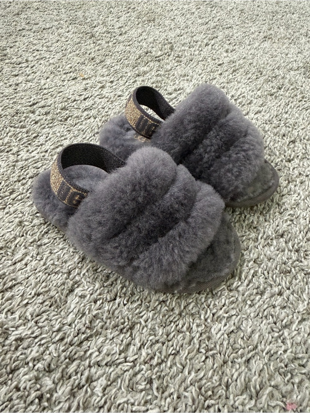 Kids Gray UGG Fuzzy Slide Sandals with Elastic Back Strap